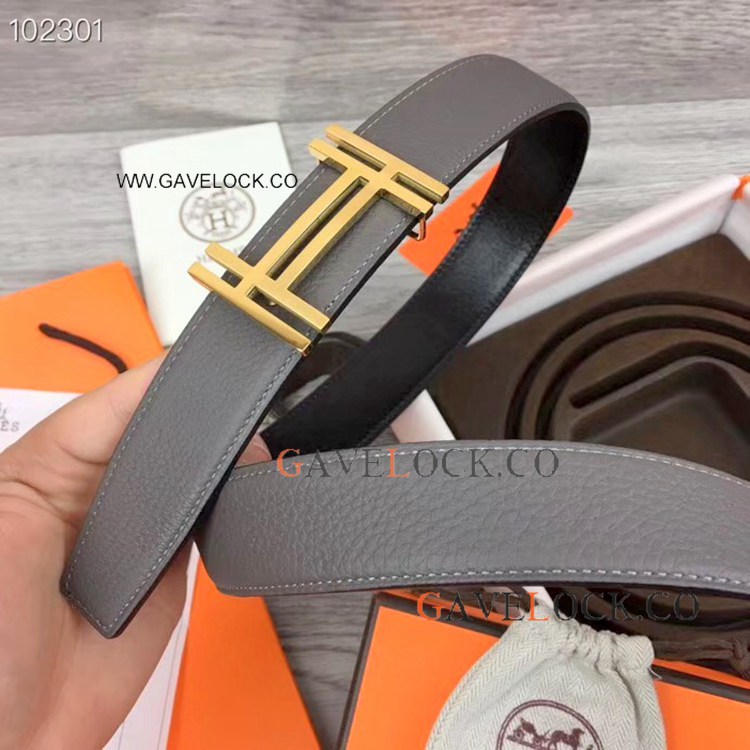 2019 New Hermes Gray and Black Double Sided Belt Hermes Double H Belt